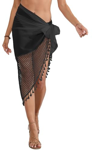 NLAND Pareo Donna Mare Gonna da Spiaggia Chiffon Wrap Pareo Spiaggia Scialle Bagno per Donna Bikini Cover Up Hollow out Tassle Copricostume,Nero Taglia Unica