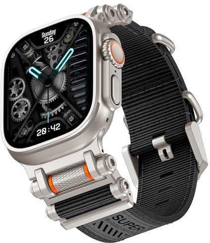 TAURI Nylon för Apple Watch Ultra 3/2/Ultra Strap 49 mm [Robust flätad nylon + rostfria stålkontakter] Justerbart vävt band för SE 3/serie 11/10/9/8/7/6/5/4 46 mm/45 mm/44 mm män kvinnor, svart