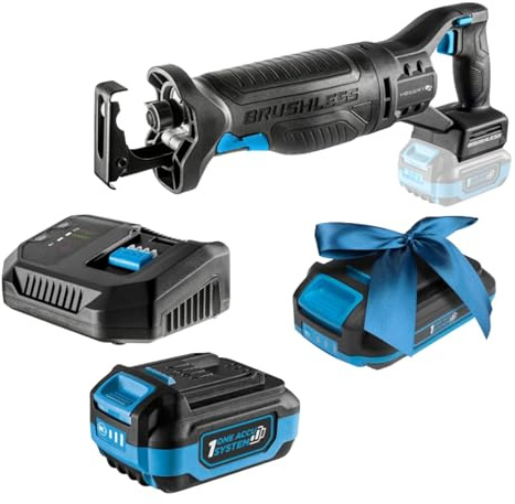 HÖGERT TECHNIK Batteridriven sticksågs-set, 18 V borstlös, inkl. 4,0 Ah batteri och snabbladdare, 0–3 000 varv/min, 28 mm sågbladslyft, metallväxellåda, antivibrationshandtag PROMO 2,0 Ah batteri