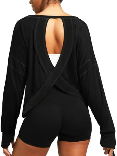 Navneet Women Backless Gym Tops Workout Oversized Gym T Shirts Pilates Tops Thumb Holes Long Sleeve Yoga Top Running Sports Black L