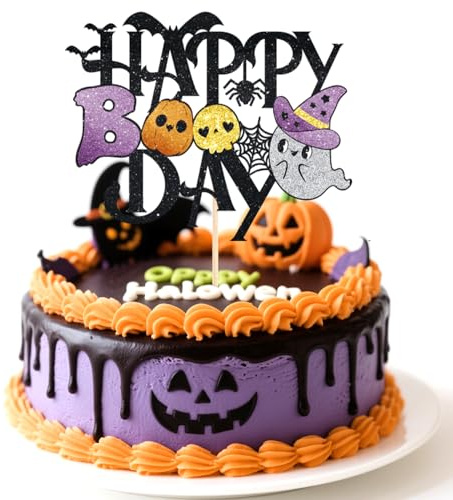 Happy Boo Cake Topper, Halloween Spider Web Boo Cupcake Picks Funny Halloween Birthday Cake Decorations for Party Supplies Baby Shower
