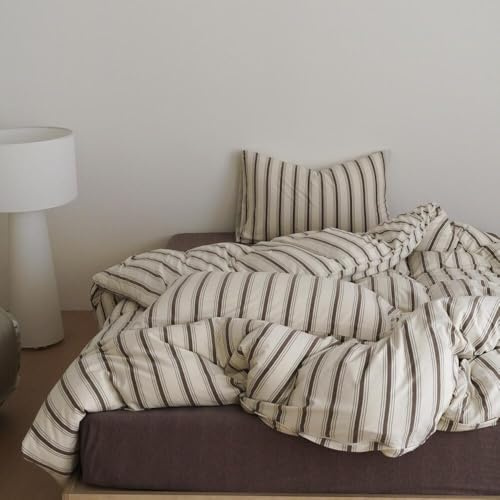 Nyescasa Bettwäsche 135x200 Beige Braun Gestreift Bettwäsche-Set Mädchen Frauen Wendebettwäsche Weiche Mikrofaser ÖKO-TEX Renforce Streifen Bettbezug mit Reißverschluss und Kissenbezug 80x80cm