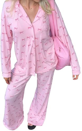 Anuedgis Damen Schlafanzug-Set mit Schleife, langärmelig, Hemd und Hose, 2-teiliges Loungewear-Set, weich, gemütlich, Nachtwäsche für entspannte zu Hause