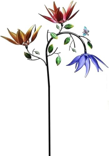Moulin à vent en métal avec papillon et fleur, belle fleur multicolore d'été, décoration cinétique avec piquet en métal, décoration de jardin d'extérieur résistante aux intempéries