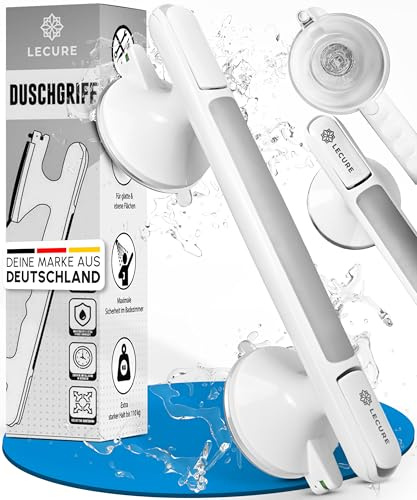 LECURE® Haltegriff Dusche [ohne Bohren] - VERSION 2026 - Extra starker Dusch- & Badewannengriff mit Saugnapf - Ideal für Senioren und Menschen mit körperlichen Einschränkungen [110 kg Tragkraft]