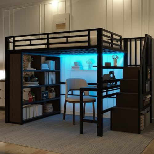 ZIDEY Hochbett Metall 140x200 mit LED&Treppe&Schreibtisch&Ablagefach, für Kinder, Jugendliche und Erwachsene, Metallrahmen, Metallbett Etagenbett, Bettgestell,Ohne Matratze,Schwarz
