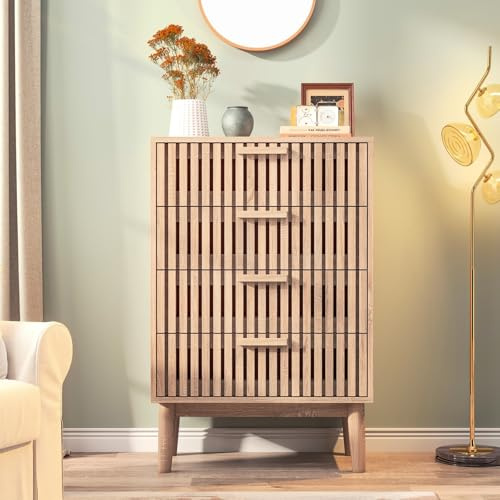 Belupai Kommode mit 4 Schubladen, 60x34x91cm Schrank mit vergoldeten Füßen und Griffen, Modernes Sideboard mit geriffelten Paneelen, Kommode für Flur, Wohnzimmer, Helles Holz