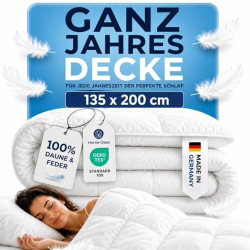 Home Oase Daunendecke 135x200 | 100% Daunen & Federn - Ganzjahresdecke 135x200 | Feuchtigkeitsregulierend, ohne störende Federkiele und ideal für Allergiker | Daunenbettdecke | Made in Germany