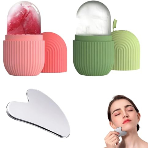 2 Pièces Glaçon Visage + Gua Sha Cœur, Set de Glace pour Massage et Décongestion Visage, Rouleau de Beauté en Silicone Réutilisable pour Soin de Peau