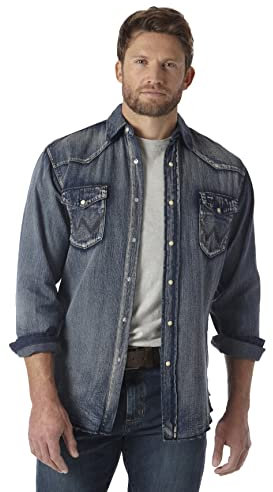 Wrangler herr Skjorta Cowboy Cut Western Långärmad Snap Work Skjorta Tvättad Finish, Antik blå, XL