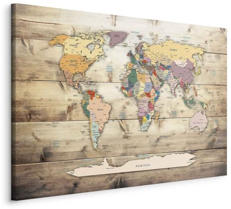 Cuadros B&D XXL - Wandbilder 60x40 cm 1 tlg - Wand Deko Vlies Leinwand Bilder Groß Wanddeko Wohnzimmer Schlafzimmer Kunstdrucke - Poster Weltkarte Kontinente Welt Karte Holz k-B-0009-b-b