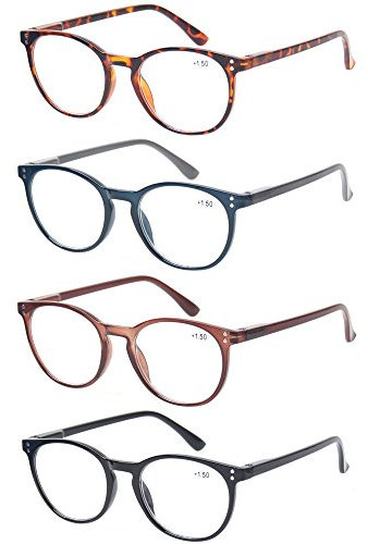 Kerecsen 4 Pack Retro Round Reading Glasses Men Women Spring Hinges Lightweight Quality Readers (2.0,Black Tortoiseshell Blue Brown)