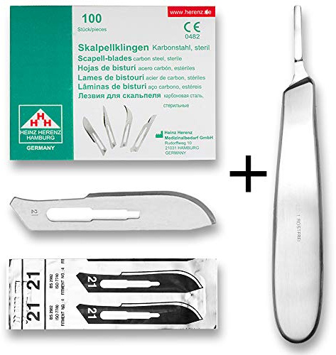 May Set: 100 Skalpellklingen Fig. 21 & Skalpellhalter bauchig | 100x sterile Klingen Fig. 21 (Karbonstahl) inkl. Skalpellhalter Nr. 4 mit bauchigem Griff