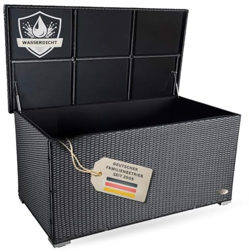 RS Trade Auflagenbox wasserdicht XXL, Gartenbox, Aufbewahrungsbox Garten, Kissenbox Outdoor, Gartentruhe, große Gartenkiste für Polster, wetterfeste Garten-Aufbewahrung, Polyrattan, 950l, schwarz