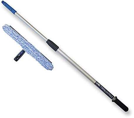 Profi Set Teleskopstange + Kombi Fensterwischer & Abzieher 2 in 1 (55 cm) von LEWI | für mittelgroße Fenster & Ecken + Stange (2x60 cm) für höher gelegene Stellen | inkl. Gratisprobe Glasreiniger