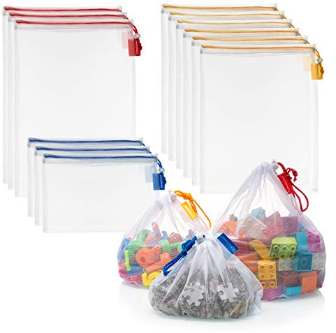 Vandoona Netztaschen für Spielzeug und Organisation, umweltfreundlich, waschbar, mit farbkodierten Kordelzügen nach Größe S, M, L, 12 Stück