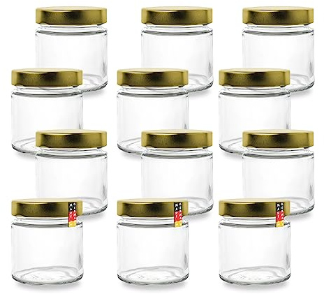 Flaschenbauer - 12er Set Mini Marmeladengläser 212ml - Konservengläser für Marmelade, Konfitüre, Gelee, Gewürze, Honig, mit Goldenen Deckeln, Deep Twist-Off-Mündung 66mm, Luftdicht, Spülmaschinenfest
