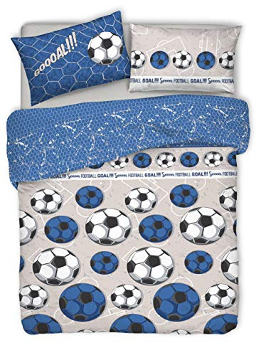 PENSIERI DELICATI Parure Copripiumino Matrimoniale 100% Cotone, Completo di Sacco 250x200cm e 2 Federe 52x82cm, Made in Italy, Copripiumino Lavabile In Lavatrice A 40°, Fantasia Calcio Blu
