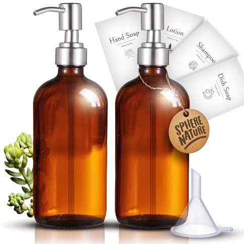 Vakuumpumpflaska 500 ml vintage bärnsten | set med 2 + tratt | borstat rostfritt stål | franskt märke | dispenser för alkoholhaltig gel flytande schampo | matlagning överlägsen kvalitet