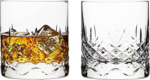 Hemswell Crystal Wicklow - Juego de 2 vasos de whisky de cristal de 310 ml, vasos de vidrio cortados, vidrio de corte tradicional sin plomo de alta claridad, caja forrada de satén, Wicklow