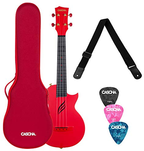 CASCHA Konzert-Ukulele-Set aus Kohlefaser I Carbon Ukulele Starter Kit mit 3 Plektren Tasche Gurt I Modernes Cut-Away Design - f. Anfänger & Fortgeschrittene I Kleine Hawaii-Gitarre Rot, HH 2280