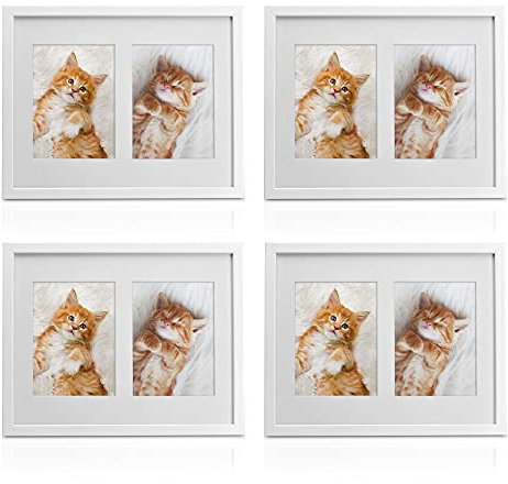 bomoe 4x Bilderrahmen Collage für 2 Fotos 13x18 cm – Fotorahmen Collage aus Holz, Kunststoffglas, Metall-Aufhängung & Passepartout Multirahmen für Bilderrahmen Set – Bilderrahmen 13x18 Weiß Galeria