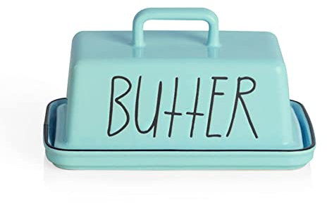 Sweejar Home Ceramic Butter Dish with Handle Lid, 18 cm Porcelain Large Butter Keeper with Cover, Perfect for East/West Butter (Turquoise)