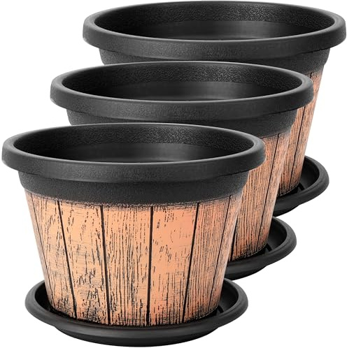 Belle Vous 3-pack planteringskrukor av plast i vinfat-look - 23cm - blomkrukor för inomhus/utomhus med dräneringshål och fat - dekorativa planteringskärl för hem/trädgård - halvfat i rustik trälook