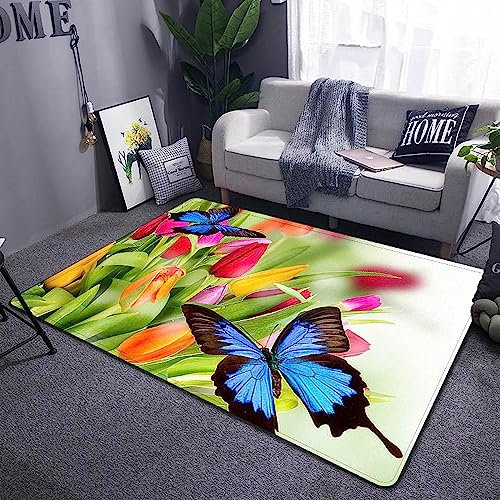 3D-Gedruckter Blauer Schmetterling, Gelbe Rote Lilie 180 X 280 cm / 70,8 X 110,2 Zoll -Kunstteppich, Dekorativer Teppich Für Schlafzimmer, Kinderzimmer Oder Wohnzimmer - Polyester-Soft-Touch, Leicht
