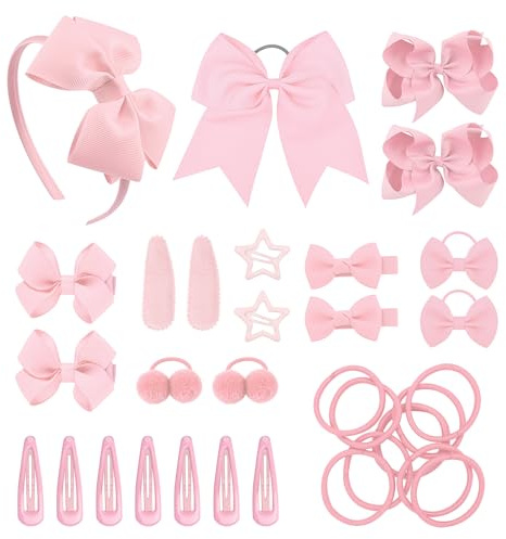 SKHAOVS 33 Pièces Enfant Barrettes à Cheveux Grands Arcs Cheveux Pinces à Cheveux Fille Noeud Papillon Accessoires de Cheveux pour Filles Bowknot Barrettes pour Femme Fille Enfant Bébés(Rose)