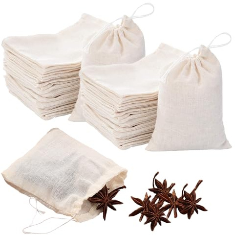 TRKETK 50 Sacchetti in Mussola di Cotone con Cordoncino, Bustine di Cotone Sacchetto Filtro per Straining Riutilizzabile Piccoli Sacchetti di Tessuto per Spezie Tè Caffè Regali Gioielli (8x10 cm)