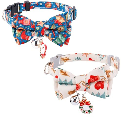 2 Stück Weihnachts Katzenhalsband, Katzenhalsband mit Fliege Katzenhalsband mit Glöckchen Verstellbares Kätzchenhalsband für Heimtierbedarf, Blau und Beige