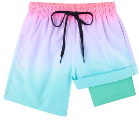 Dancinova Badshorts för pojkar, badbyxor, barn, kompression, foder, badshorts, snabbtorkande simbyxor med boxershorts liner 7–16 år, A-blå rosa, 7 År