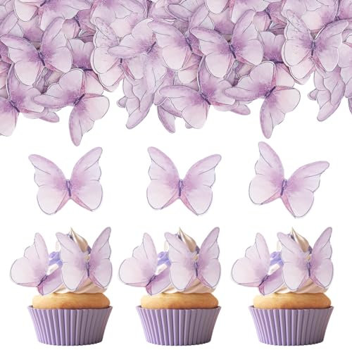 ENLACE Schmetterling Tortendeko Essbar,48 Stück Essbare Schmetterlinge für Torte,Esspapier Tortendeko,Essbare Cupcake Toppers Hochzeit,Kuchen Deko Mädchen,Lila Schmetterlinge Muffin Deko Taufe