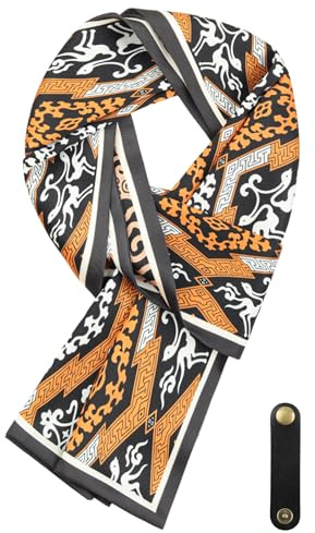 WANYING Herrhalsduk av konstsilke med läderslinga multifunktion lång halsduk halsduk ascot slipsscarf flera användningsmöjligheter 16 x 149 cm – tryckt mönster brun och svart (vändbar), Brun och svart