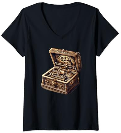 Damen Antike Spieluhr T-Shirt mit V-Ausschnitt