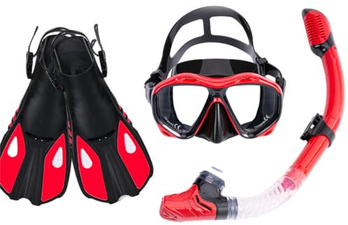 Schnorchelausrüstung für Erwachsene, 3-in-1-Schnorchelset mit Panorama-Tauchmaske, Anti-Beschlag- und Auslaufschutz, Dry-Top-Schnorchel, Flossen (rot, S/M)