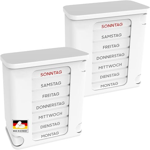 Kerpers® Tablettenbox 7 Tage | MADE IN GERMANY | Pillendose mit 4 Fächer - morgens mittags abends nachts | Medikamentenbox für Tabletten und Supplements (2 Stück Weiß/Weiß)