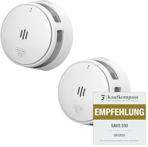 SAVS S10 Stand-Alone-Rauchwarnmelder - Integrierte Rauchmelder 10 Jahre Batterie - Optischer Doppelsensor - Fernbediente Mute-Funktion - Schlankes & Modernes Design - Einfache Installation – Weiß (2) | 2 Rauchmelder mit optischem Doppelsensor, 10-Jahres-Batterie, Fernbedienungs-Mute und schlankem Design.