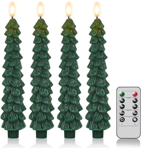 DRomance Christmas Tree Flameless Taper Candles Battery Operated with 10-Key Remote and Timer Real Wax LED Taper Candles 3D Wick Flickering Lifelike Leaves Dinner Xmas Holiday Decoration Set of 4