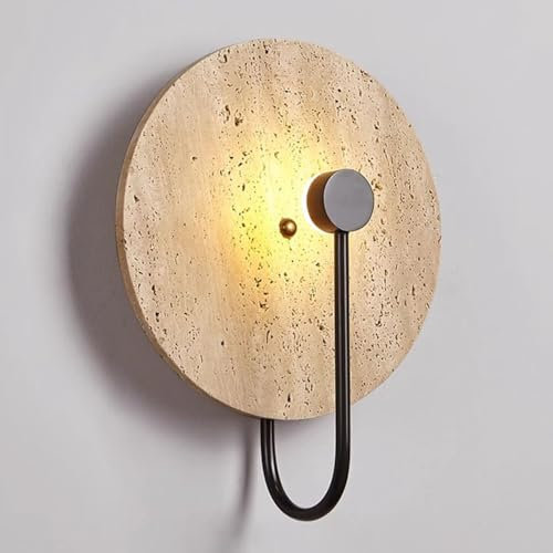 WFZRXFC Runde Wandleuchte im Wabi-Sabi-Stil, natürliche Travertin-Wandleuchte, Steinleuchter, 3 W, warmes Licht, Wandhalterung für den Innenbereich, für Bad, Spiegel, Schlafzimmer, Wohnzimmer, Flur