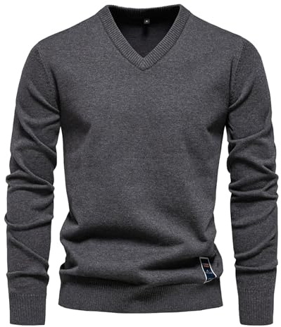 Jersey de punto para hombre, cuello de pico, algodón, elegante, de punto fino, sudadera de manga larga, camiseta básica, elástica, ajustada, para otoño, invierno, informal, jersey de punto, gris