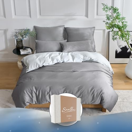 Samthus Bettwäsche 135x200 Baumwolle Satin Wendebettwäsche - Oeko-Tex Made In Green - Himmlisch weicher Schlaf - Bettwäsche Set mit 1x Bettbezug 135x200 + 1x Kissenbezug 80x80 - Hellgrau/Grau