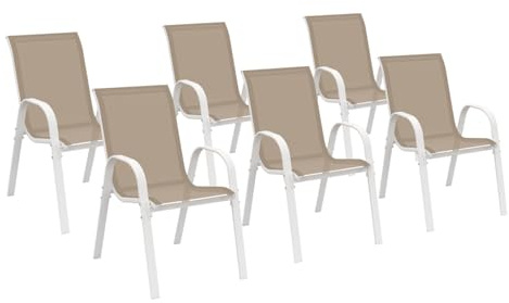 IDMarket - Juego de 6 sillas de jardín LYMA de metal y textileno apilables blanco y beige