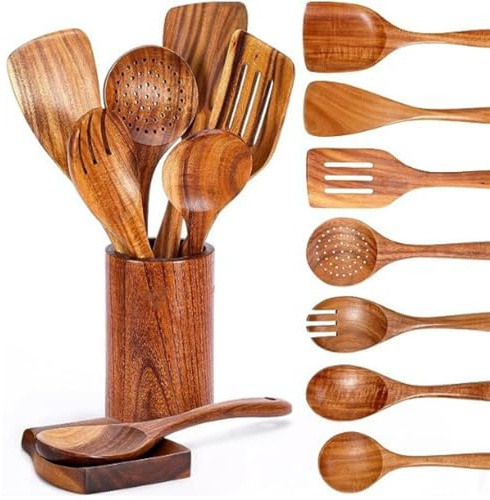 Holzkochlöffel, 9 Stück Holzlöffel zum Kochen, Premium Kochlöffel Set, Küchenutensilien aus Teakholz für das Kochen Rühren, Kochbesteck Set Perfekt für Ihre Küche