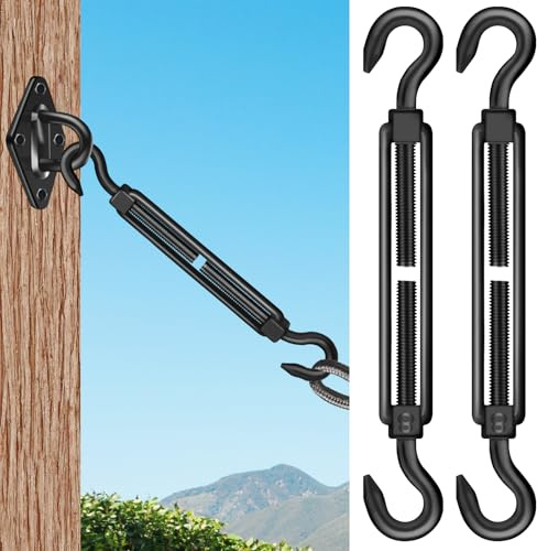 2PCS M8 Hook & Hook Turnbuckle 304 Stainless Steel,Black Heavy Duty Turnbuckle for Wire Rope Tension,Sun Shade Tent Hardware