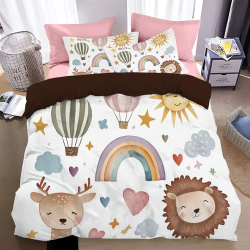 WunM Studio Set Copripiumino Mongolfiera arcobaleno Letto animale leone,1 x Copripiumino 1 piazza e mezza 160 * 210cm e 2 x Federe 50x70 cm Completo Sacco Parure Letto Bohémien Microfibra Bianco