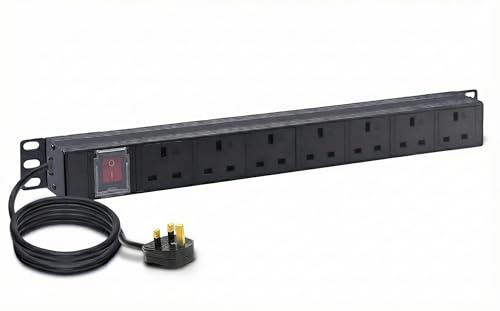 LMS DATA 1U 19-Inch 7 Way UK PDU – 13A Switched Power Distribution Unit – Rack Mount Multi Plug Power Strip with 1.8m Cable & UK Plug – Server Cabinet PDU for Home, Office and industrial Use (Black)