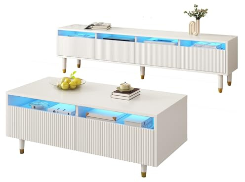 boorbin Wohnzimmermöbel-Set mit TV-Schrank Couchtisch,Moderne Elegante Wohnwand,LED-Beleuchtung, Wellenstruktur & Acrylfront (Weiß, 110 L x 50 B x 40 H +178 L x 35 B x 45 H)