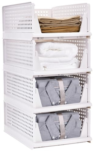 Supfine - Juego de 4 cajas de almacenamiento para armarios, organizador de ropa, plegable, almacenamiento apilable para ropa, dormitorio, color blanco, lote de 4, 33,5 x 43 x 72 cm